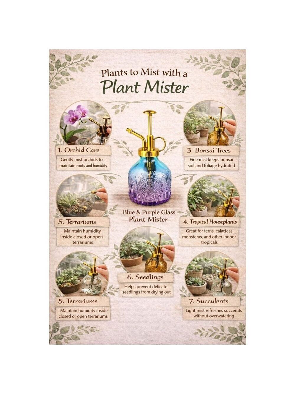 Blue Purple Glass Plant Mister Spray Bottle 6oz Orchid Bonsai Air Plant Mister - Picture 3 of 12